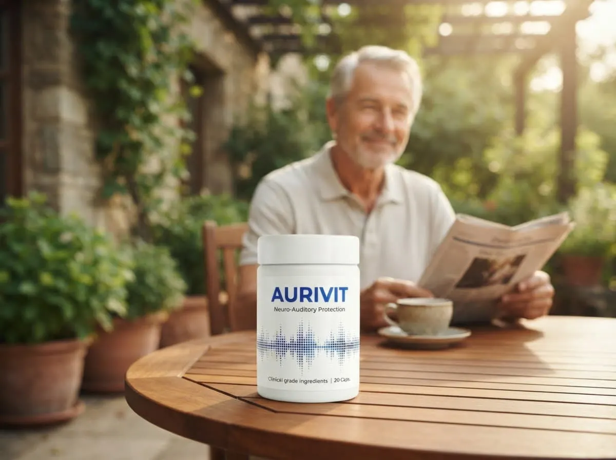 Senior man reading the newspaper on a sunny terrace with a jar of Aurivit capsules on the table